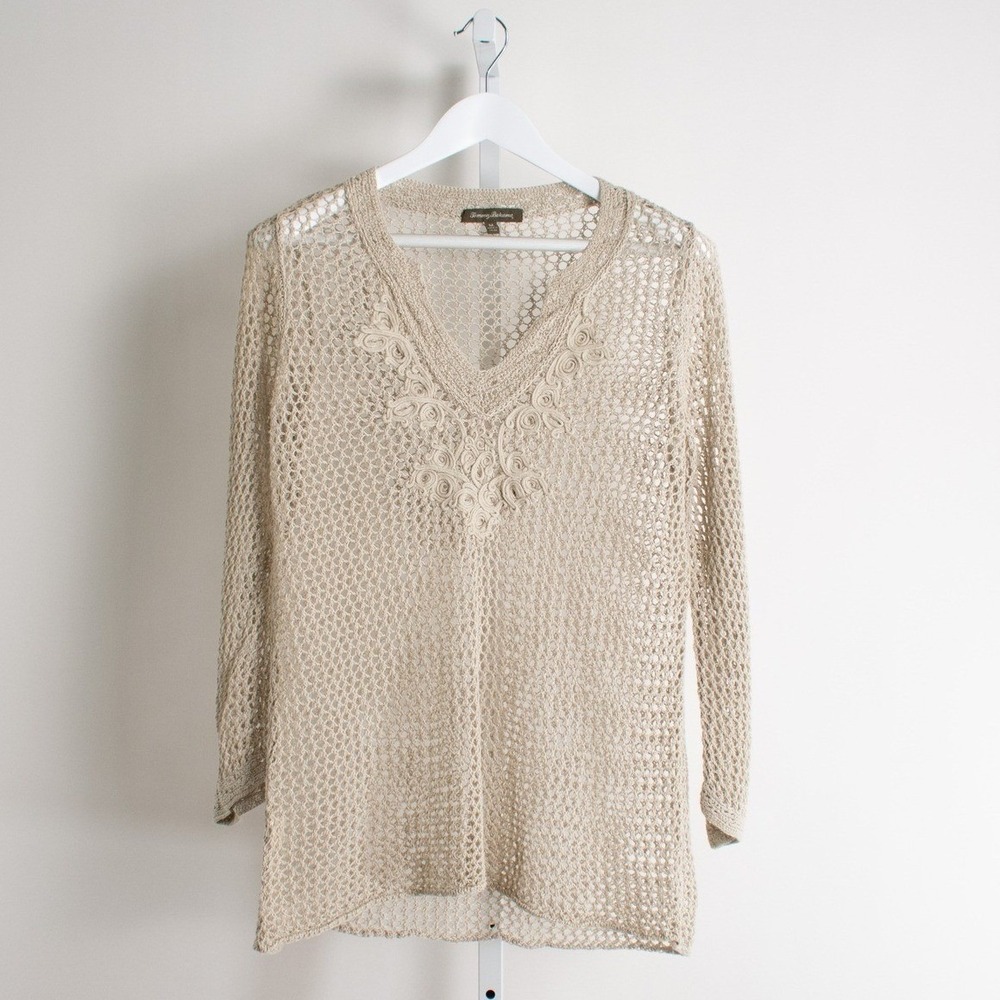 Tommy Bahama Crochet Knit‎ Cover Up Tunic Top V Neck Casual Beige Medium M